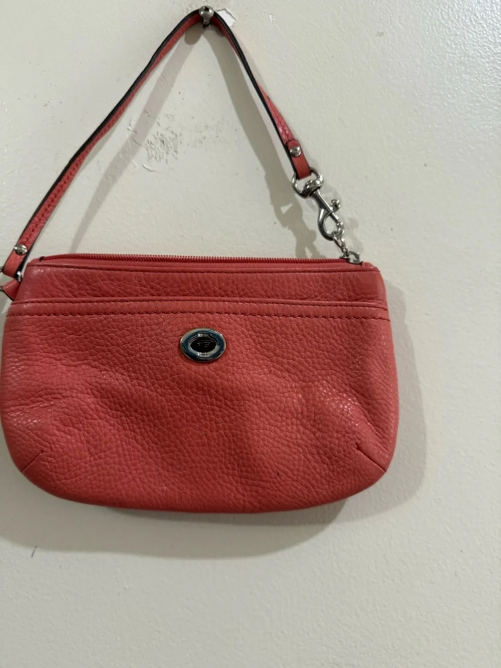 Coach Coral Pebbled Leather Wristlet with Turnlock Accent